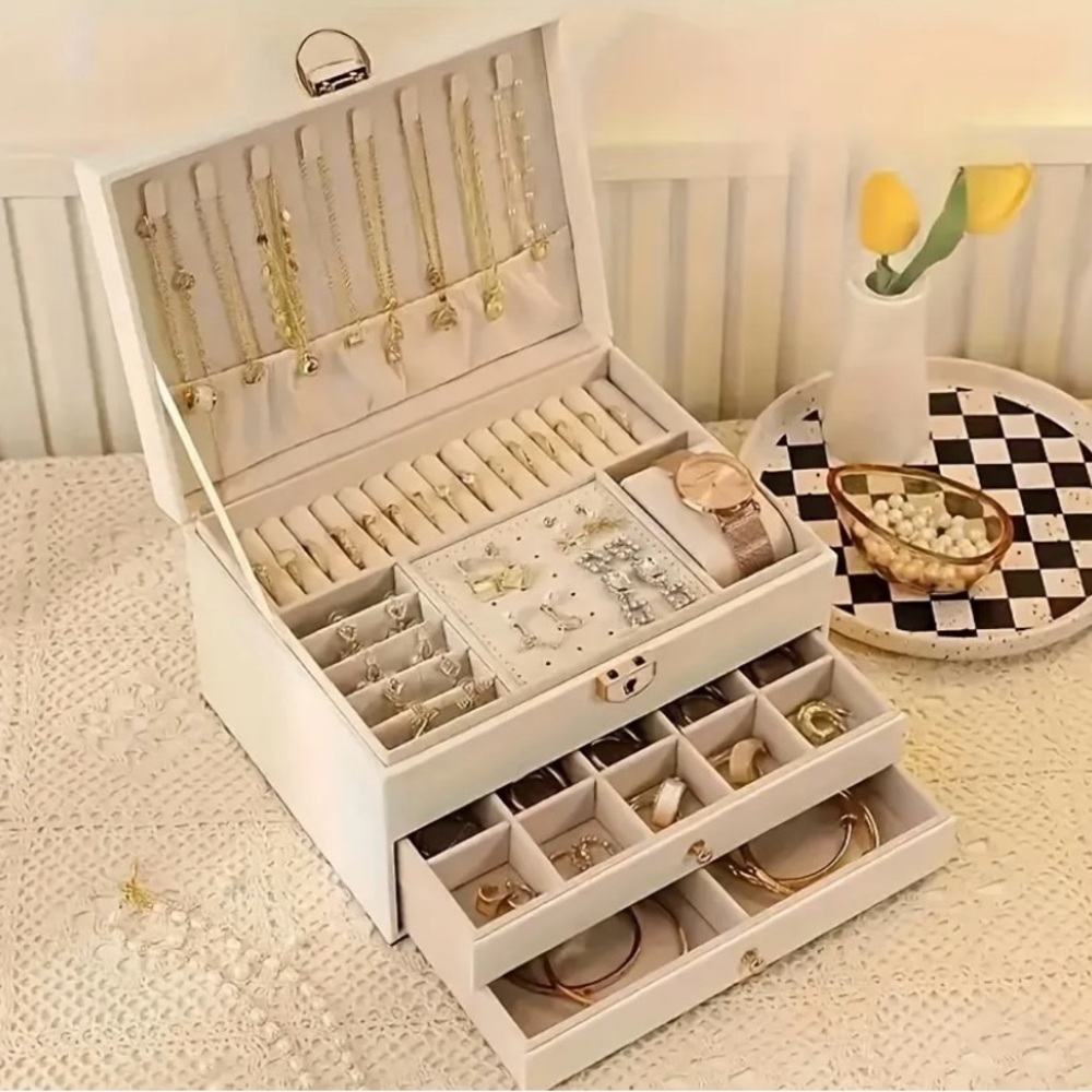 Three Layers Retro White Jewelry Box W/ Necklace Hook Earrings Ring Storage Case